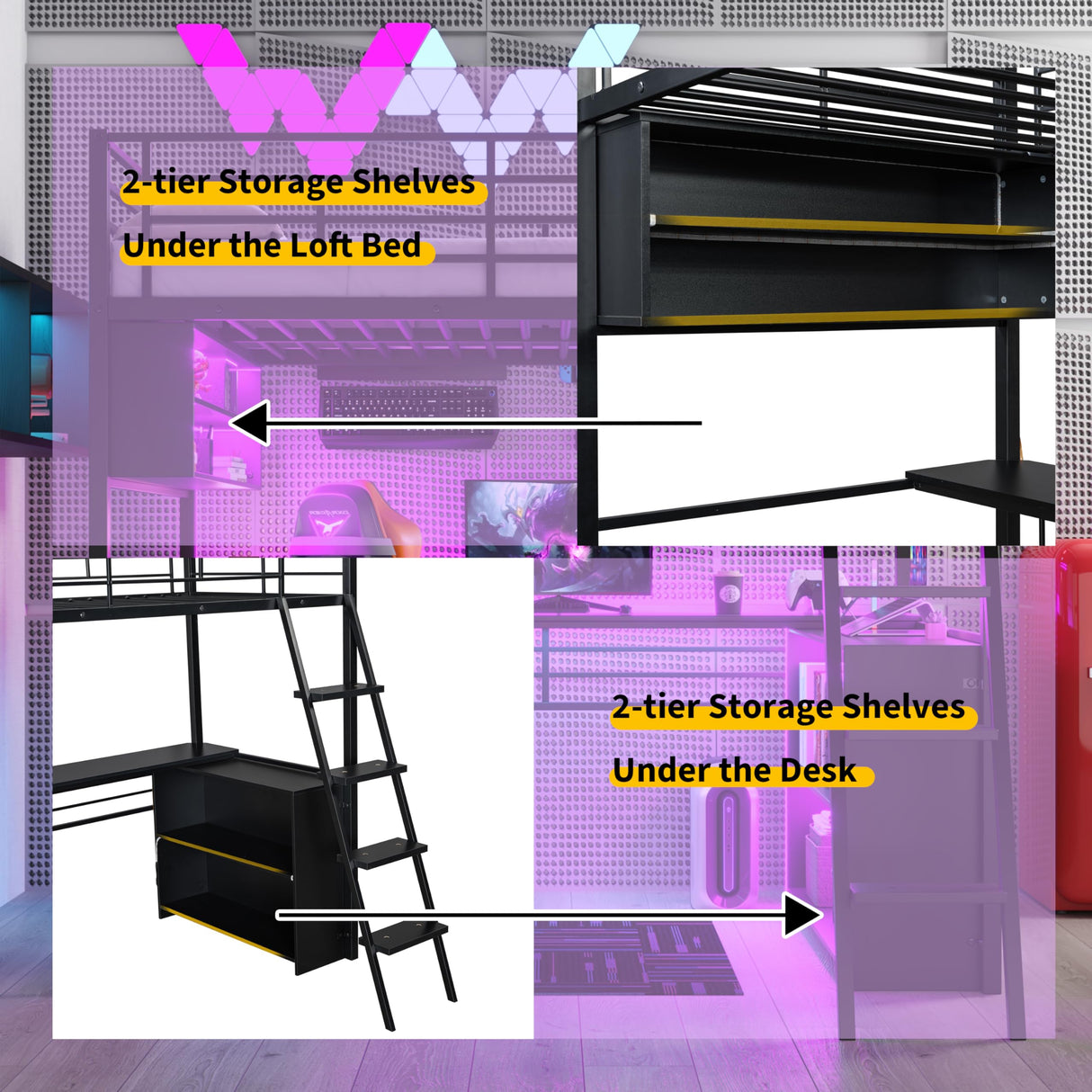 Polibi Full Size Loft Bed with LED and Desk,Metal Gaming Loft Bed Frame with 4 Storage Shelves,Black Polibi