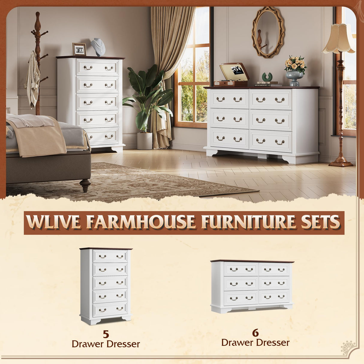 WLIVE Farmhouse Dresser for Bedroom, Wood Dresser with 5 Drawer, Chest of Drawers with Roman Metal Handle for Living Room, White WLIVE
