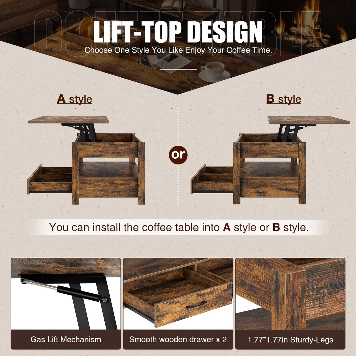 Rolanstar Coffee Table, 47.2" Lift Top Coffee Table with Drawers and Hidden Compartment, Retro Central Table with Wooden Lift Tabletop, for Living Room, Rustic Brown Rolanstar