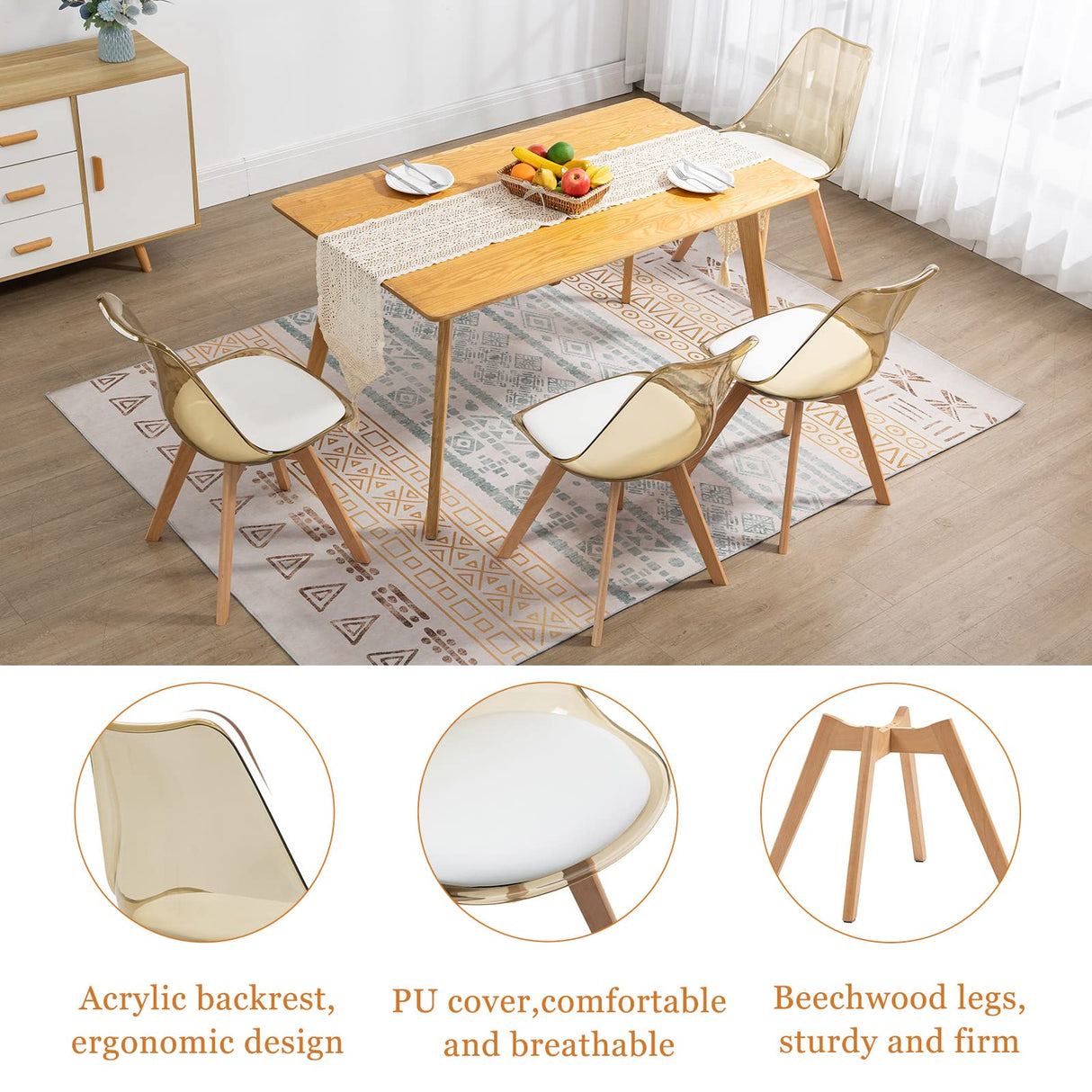 ANOUR Dining Chairs Set of 4, Modern Kitchen Clear Acrylic Accent Dinner Chairs with PU Leather Cushions Seat and Solid Beech Legs, Suitable for Living Room and Bedroom ANOUR