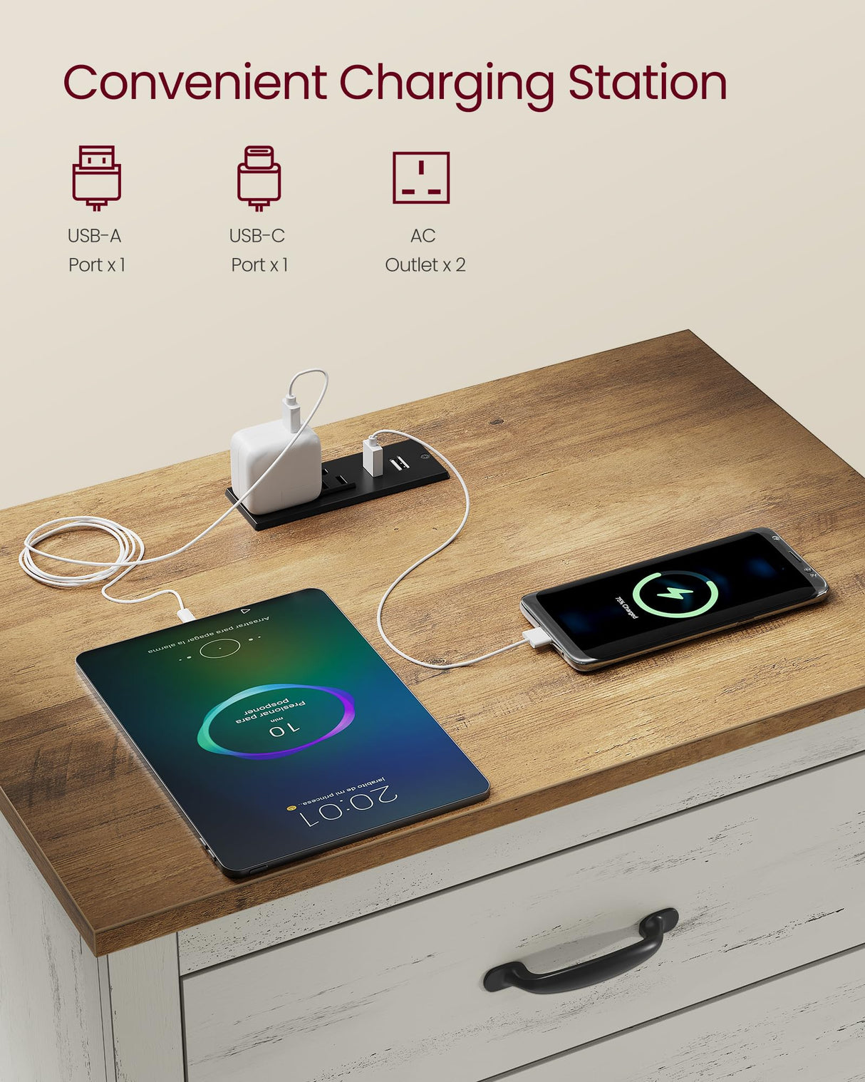 VASAGLE LIRY Collection - Farmhouse Nightstand with Charging Station, Bedside Table, Side End Table with 3 Drawers, for Bedroom, Rustic White and Honey Brown ULET679W01 VASAGLE