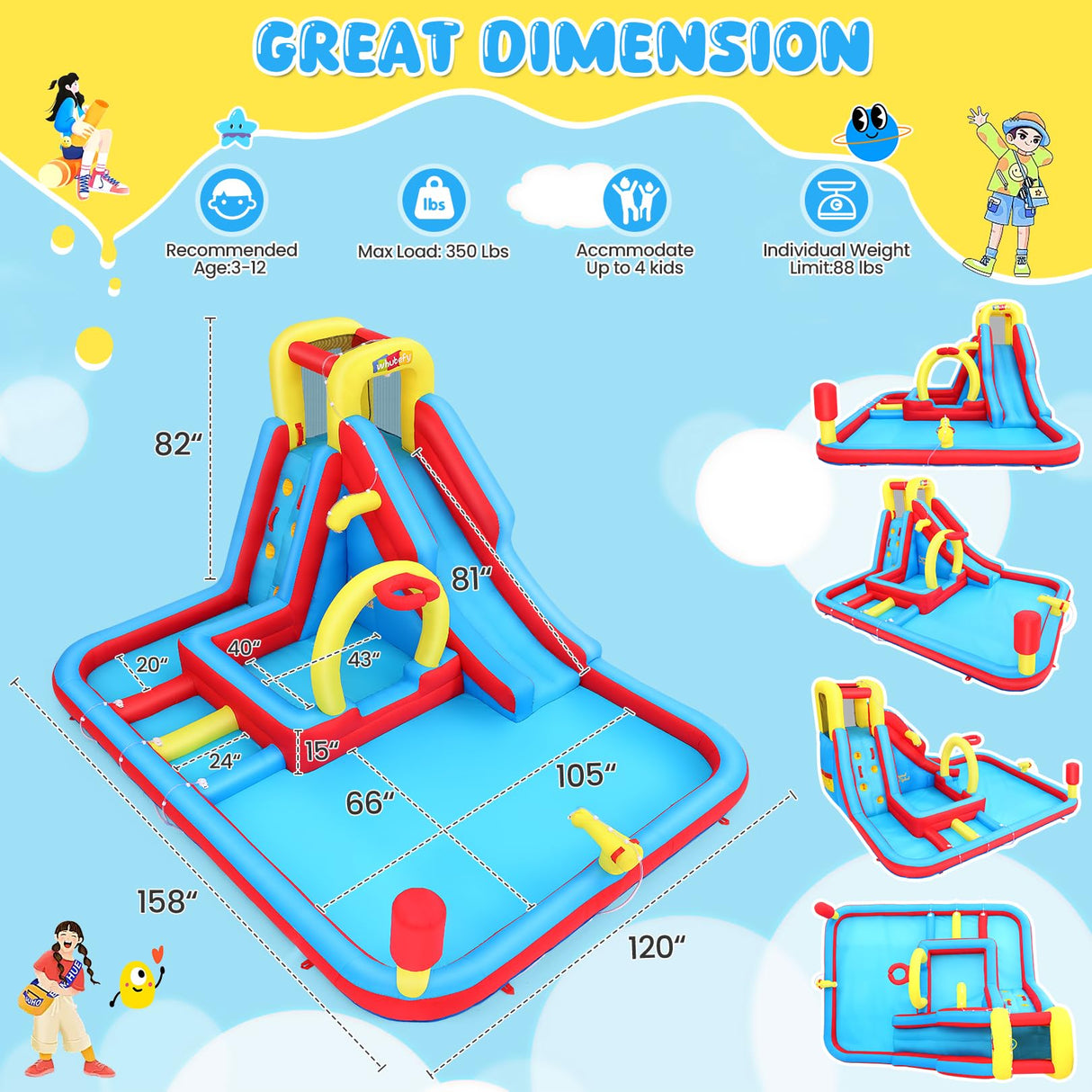 Whubefy Inflatable Water Slide Bounce House, 13.2x10Ft 13-in-1 Bounce House Obstacle Course Waterslides, Summer Fun w/Boxing Pole/Slide/ 10+ Accessories, Inflatable Water Slide for Kids Outdoor Whubefy
