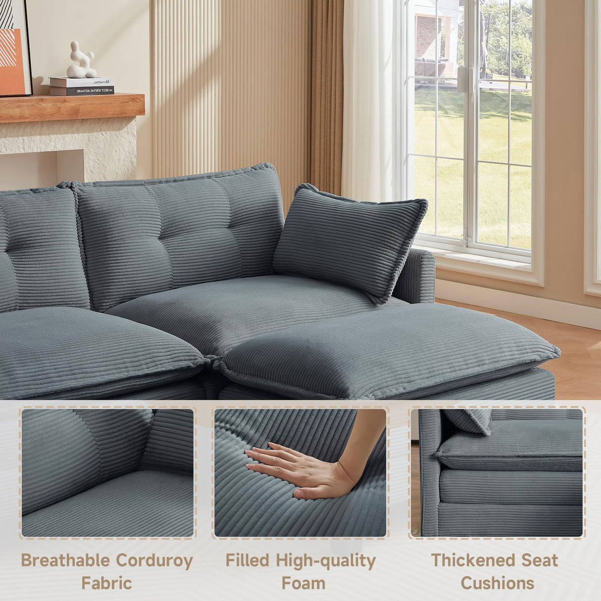Amsleekey Modular Sectional Sofa, 111.5" U-Shaped Corduroy Comfy Sectional Couches for Living Room, 3-Seater Cloud Couches with 2 Movable Ottomans, Flexible Combination Modern Deep Seat Sofa (Grey) Amsleekey