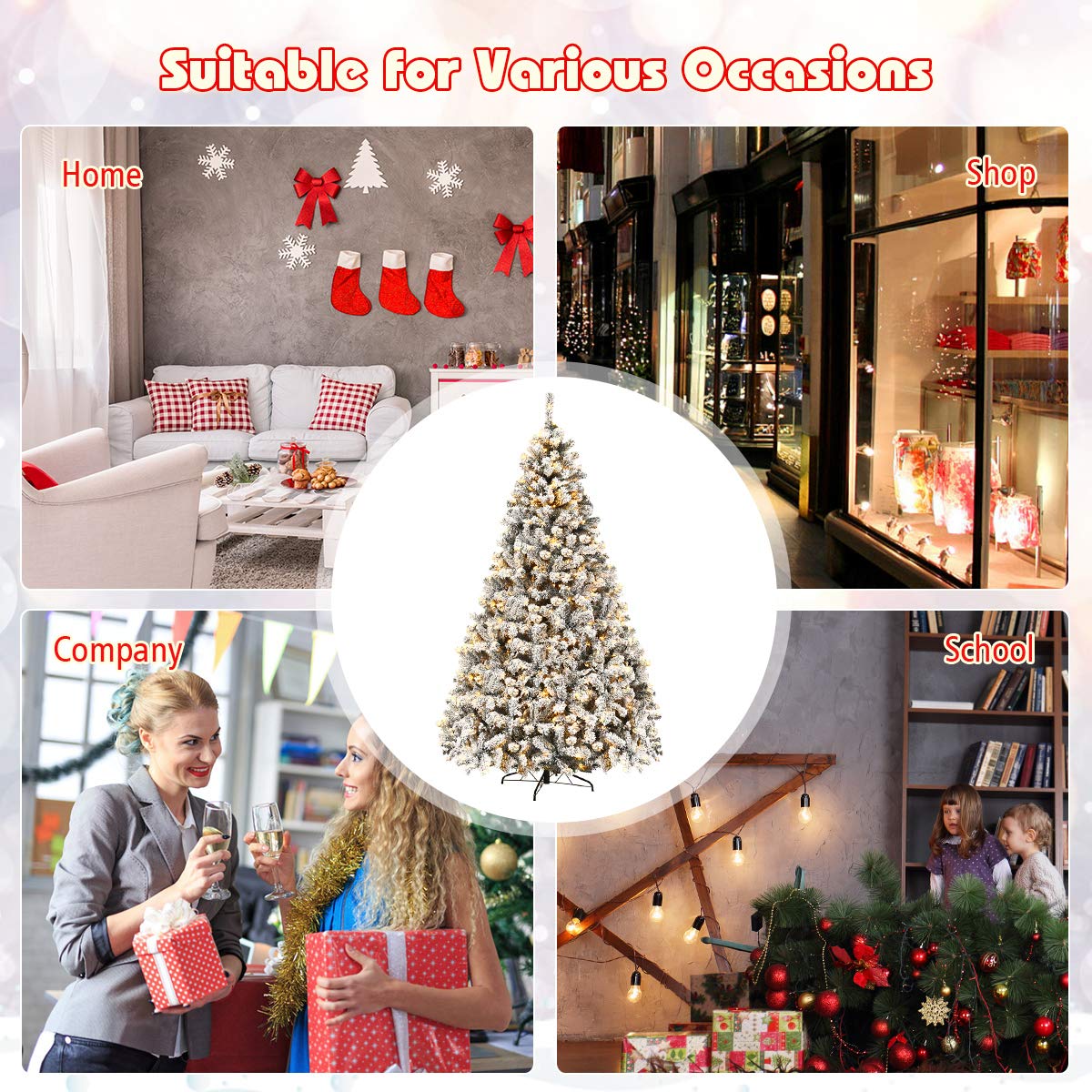 COSTWAY 9 FT Pre-Lit Christmas Tree, Snow Flocked Hinged Xmas Tree with 1498 Branches Tips & 550 LED Lights, Metal Stand, Artificial Pine Lighted Holiday Tree for Home Office Decorations COSTWAY