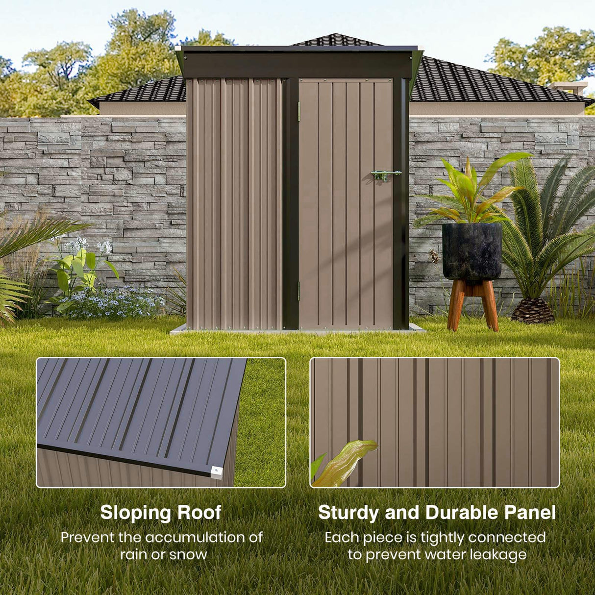 Patiolife 5x3 FT Outdoor Storage Shed, Small Tool Metal Shed with Lockable Door & Sloping Roof, Garden Shed for Backyard Patio Lawn, Brown Patiowell