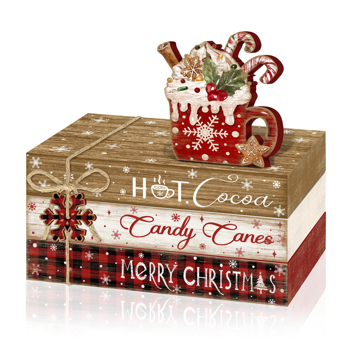 Culudea 4Pcs Christmas Hot Cocoa Table Decoration Farmhouse Holiday Tiered Tray Decor Rustic Merry Christmas Wooden Faux Book Stack Sign Winter Table Centerpiece for Home Office Shelf Mantel Decor Culudea