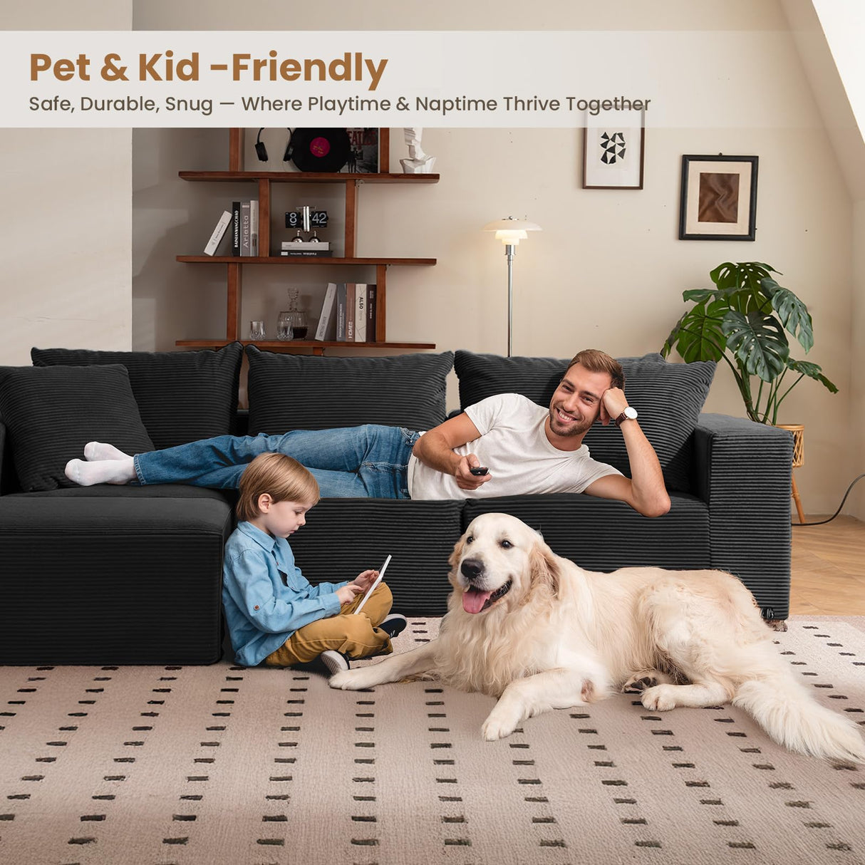 Modular Sectional Sofa, 108" L-Shaped Boneless Couch with Deep Seat, Corduroy Cloud Couch for Living Room, Bedroom, No Assembly Required, Ship in a Box, Black RUMBALUXY