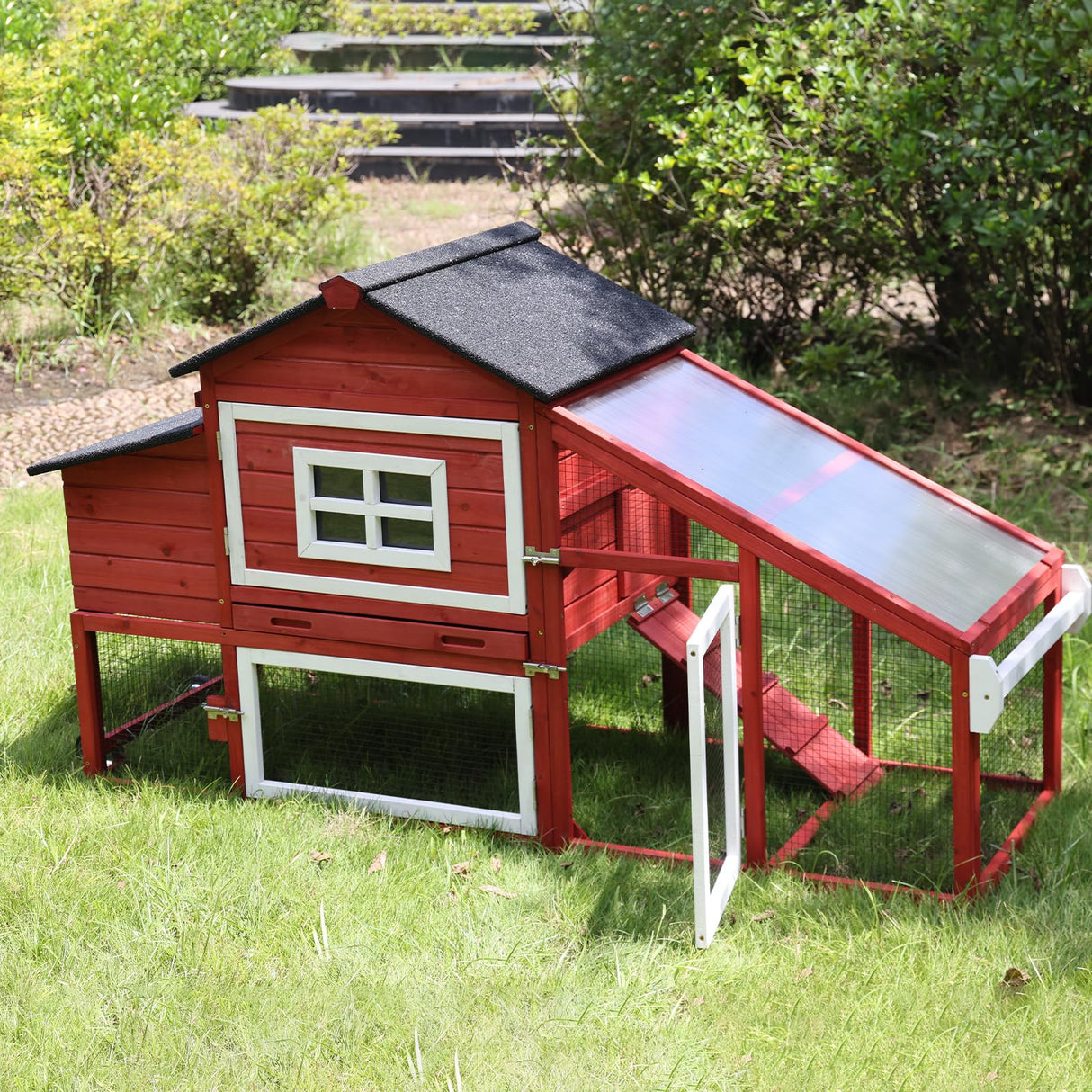 GUTINNEEN Rabbit Hutch Outdoor Mobile Chicken Coop with Wheels Wooden Bunny Cage Large Duck House with Run UV Roof(Red) GUTINNEEN