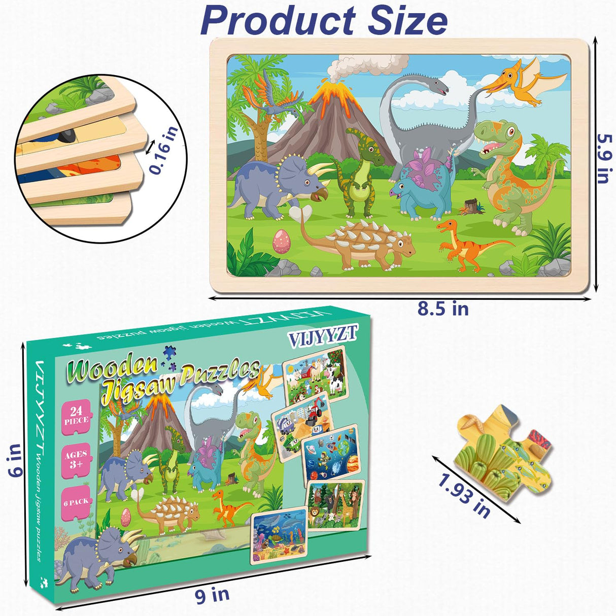 Wooden Puzzles for Kids Ages 3-5, 6 Packs 24 PCs Jigsaw Puzzles Preschool Educational Brain Teaser Boards Toys Gifts for Children, Wood Puzzles for 3 4 5 6 Year Old Boys Girls VIJYYZT