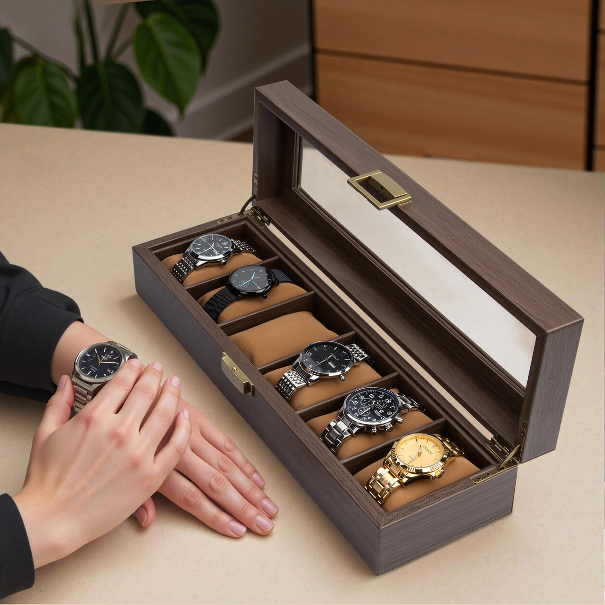 Lonian Watch Box, Watch Case for Men 6 Slots Wood Storage Watch Case Organizer with Glass Display Top Exquisite and Durable Lonian