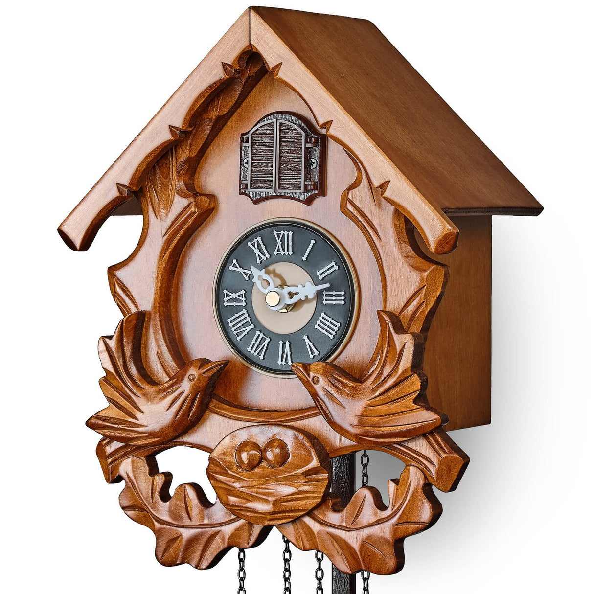 TIMEGEAR Cuckoo Clock with Night Mode, Singing Bird and Carved Wood Decorations (Cherry) TIMEGEAR
