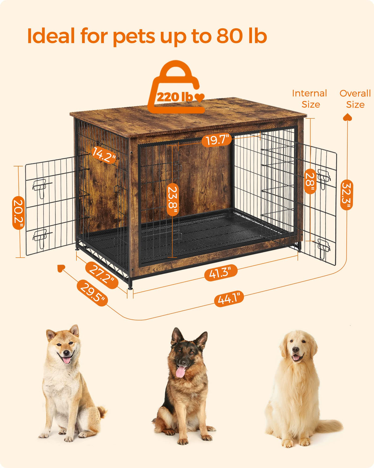 Feandrea Dog Crate Furniture, Side End Table, Modern Kennel for Dogs Indoor up to 80 lb, Heavy-Duty Dog Cage with Multi-Purpose Removable Tray, Double-Door Dog House, Rustic Brown UPFC004X01 Feandrea