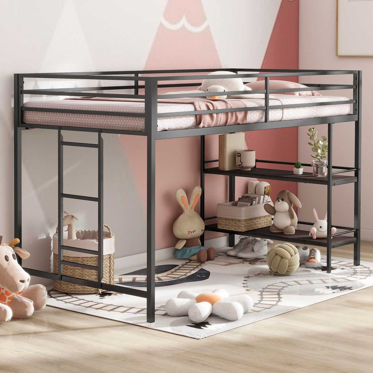 Twin Size Low Loft Bed with Storage Shelves for Kids,Kids Loft Bed Twin Size,Metal Loft Bed Frame for Boys Girls,Junior Low Loft Bed,Black Bellemave