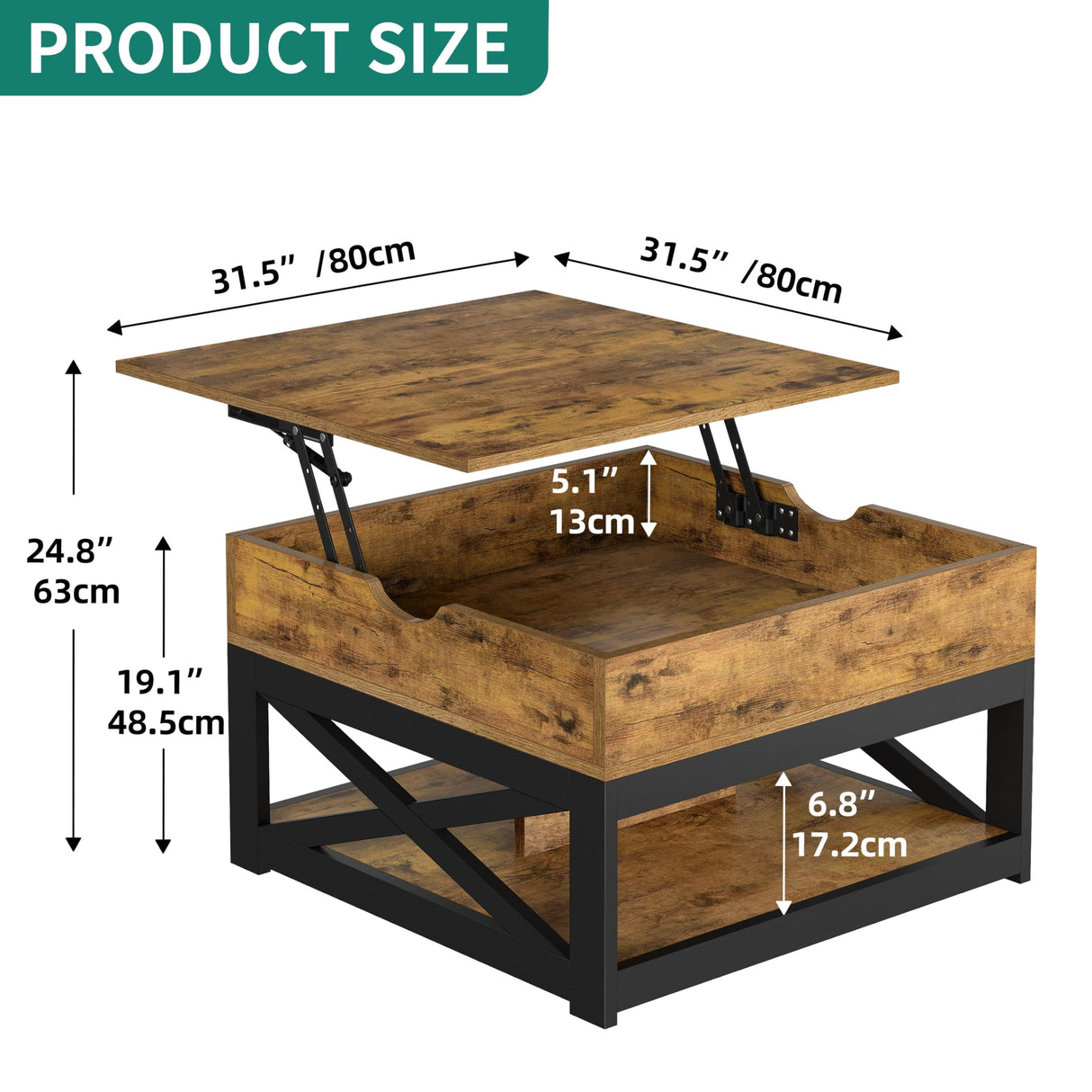 YITAHOME Lift Top Coffee Table with Storage, Farmhouse Coffee Tables for Living Room, Square Coffee Table with Lifting Top Wooden Coffee Tables Center Cocktail Table, Rustic Brown YITAHOME