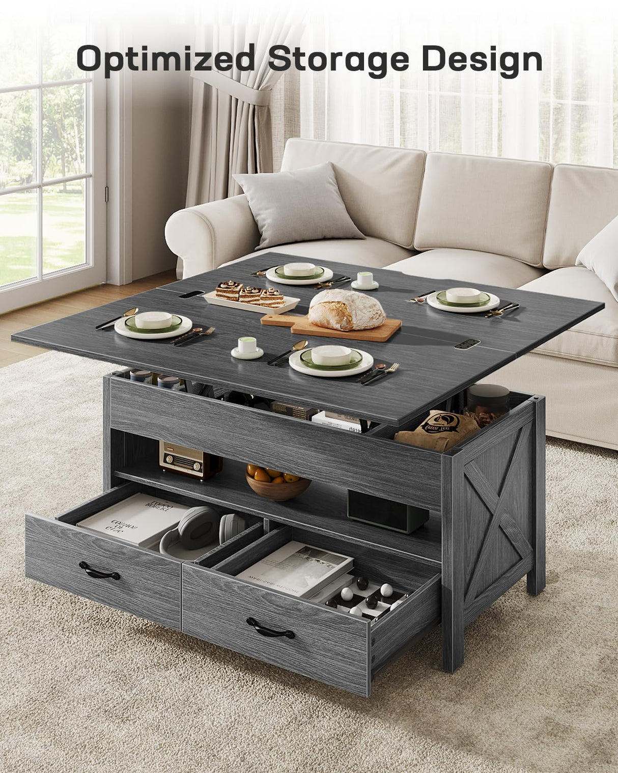 Marsail Lift-Top Coffee Table, 4-in-1 Multi-Functional Center Table with Hidden Compartment, 2 Drawers & Open Shelf, Adjustable Height for Living Room Office, Gray Marsail