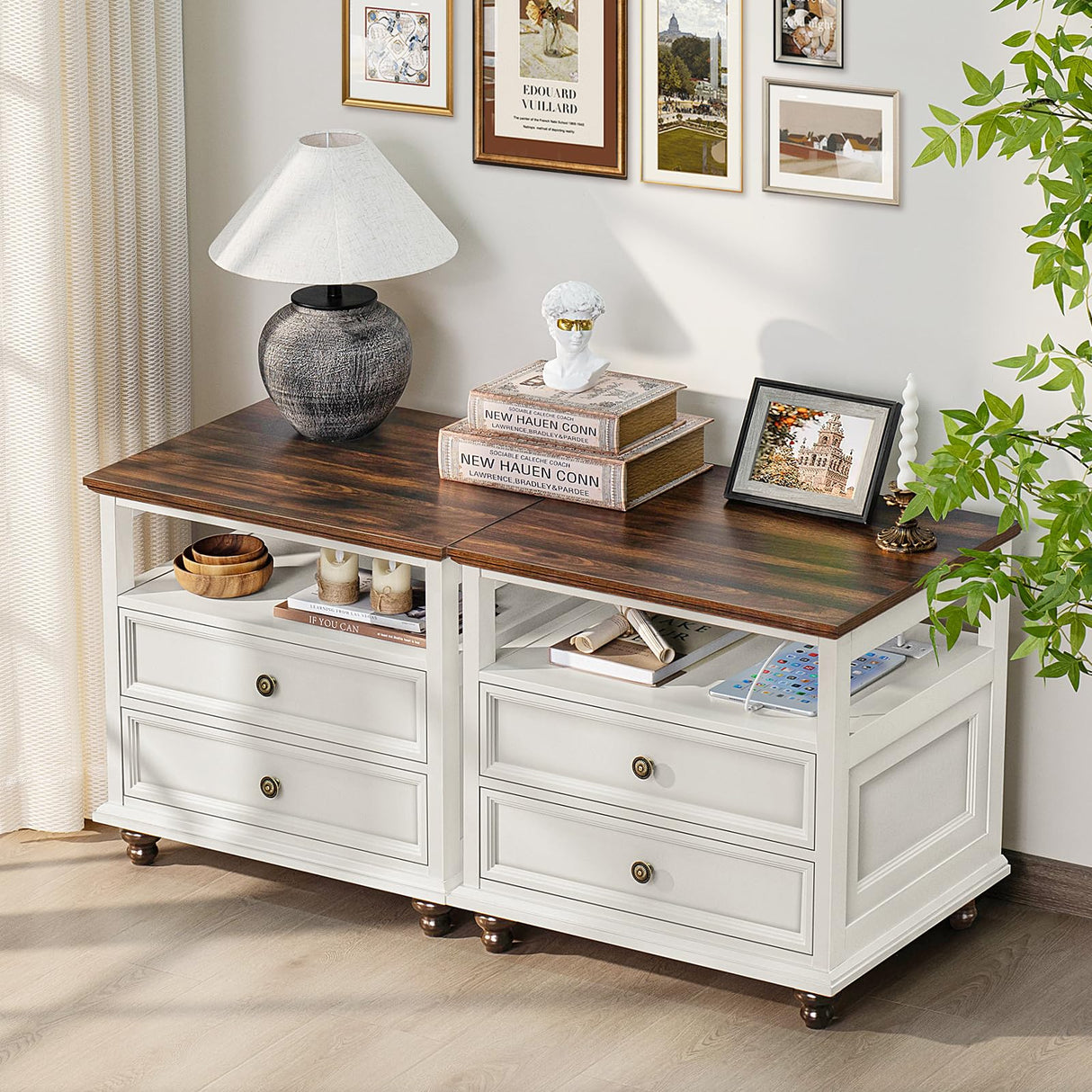 Joaxswe Farmhouse Nightstand Set of 2 with Charging Station, 24" Wide End Table with 2 Drawers,Dresser for Bedroom,Bed Side Table Chest of Drawers Cabinet,Wood White Night Stand for Living Room Joaxswe