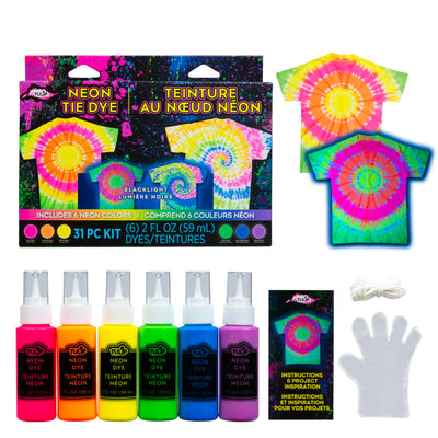 Tulip Neon Tie-Dye Kit, Blacklight Reactive, Easy Application & Techniques, No Mixing, Just Shake & Apply Fabric Dye, Neon Craft Party Activity, 6-Color Kit, 31 pcs