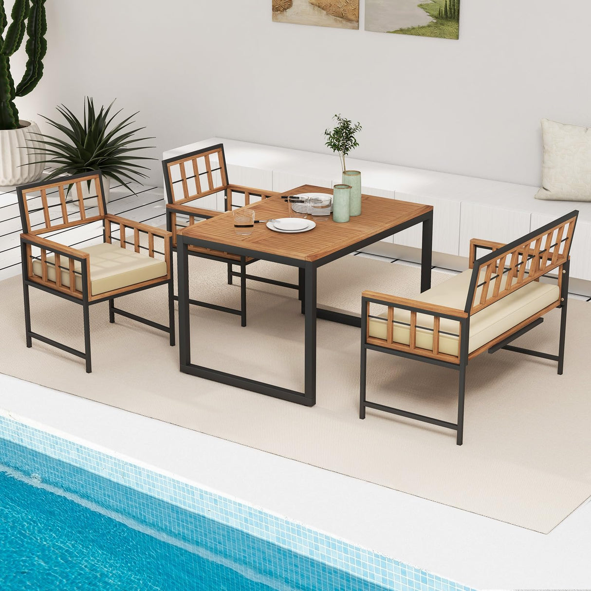 Tangkula 4 Piece Patio Dining Set, Outdoor Wood Dining Furniture W/ 2 Chairs & 1 Loveseat, 47” Acacia Wood Table W/Umbrella Hole, Cozy Seat Cushions, Outside Furniture Set for Backyard, Poolside Tangkula
