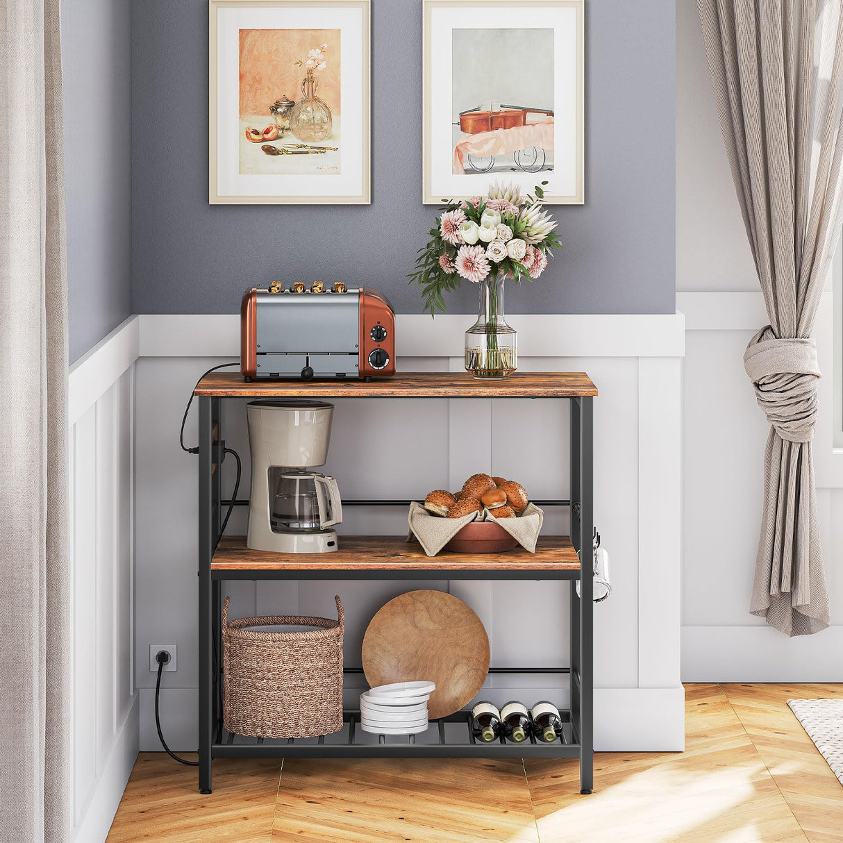 HOOBRO Kitchen Island with Storage, Kitchen Island Table with Power Outlet, 3 Tier Coffee Station and Microwave Stand, for Home, Kitchen and Dining Room, Rustic Brown BF021ZD01 HOOBRO