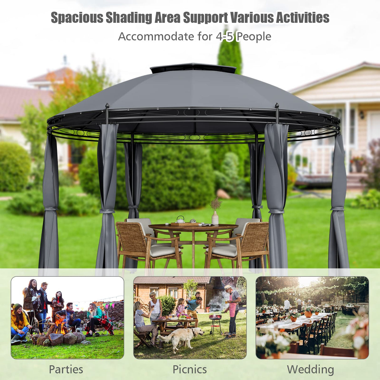 Tangkula 11.5x11.5 ft Round Patio Gazebo, 2-Tier Dome Gazebo with Removable Side Curtains, Heavy Duty Steel Frame, Outdoor Gazebo Pavilion for Tangkula