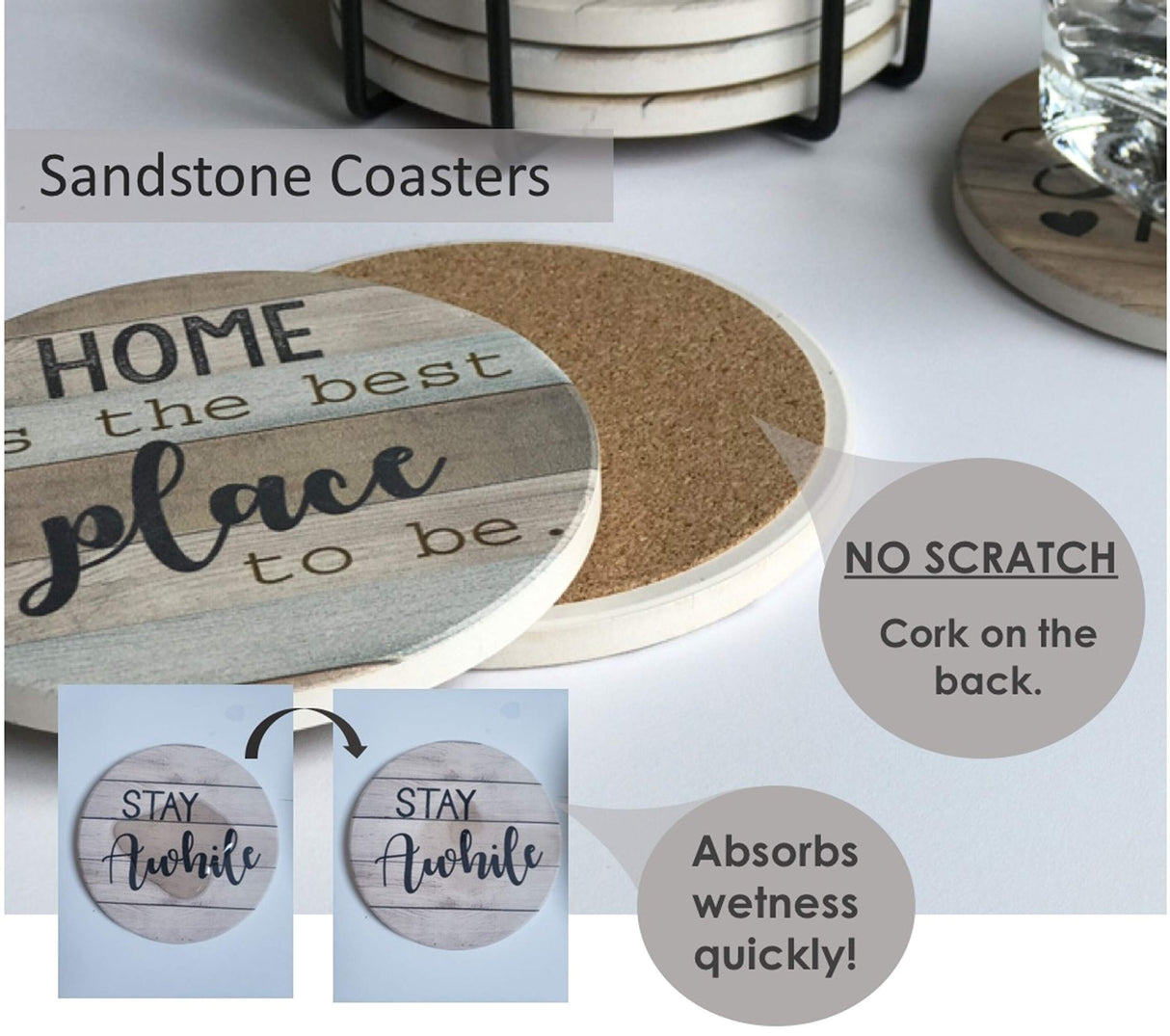 PANCHH Rustic Farmhouse Stone & Cork Coasters for Drinks, Absorbent - Set of 6 Coasters with Holder - Best Housewarming Gifts for New Home Ideas - Cute Kitchen and Coffee Table Décor & Accessories PANCHH COLLECTIONS