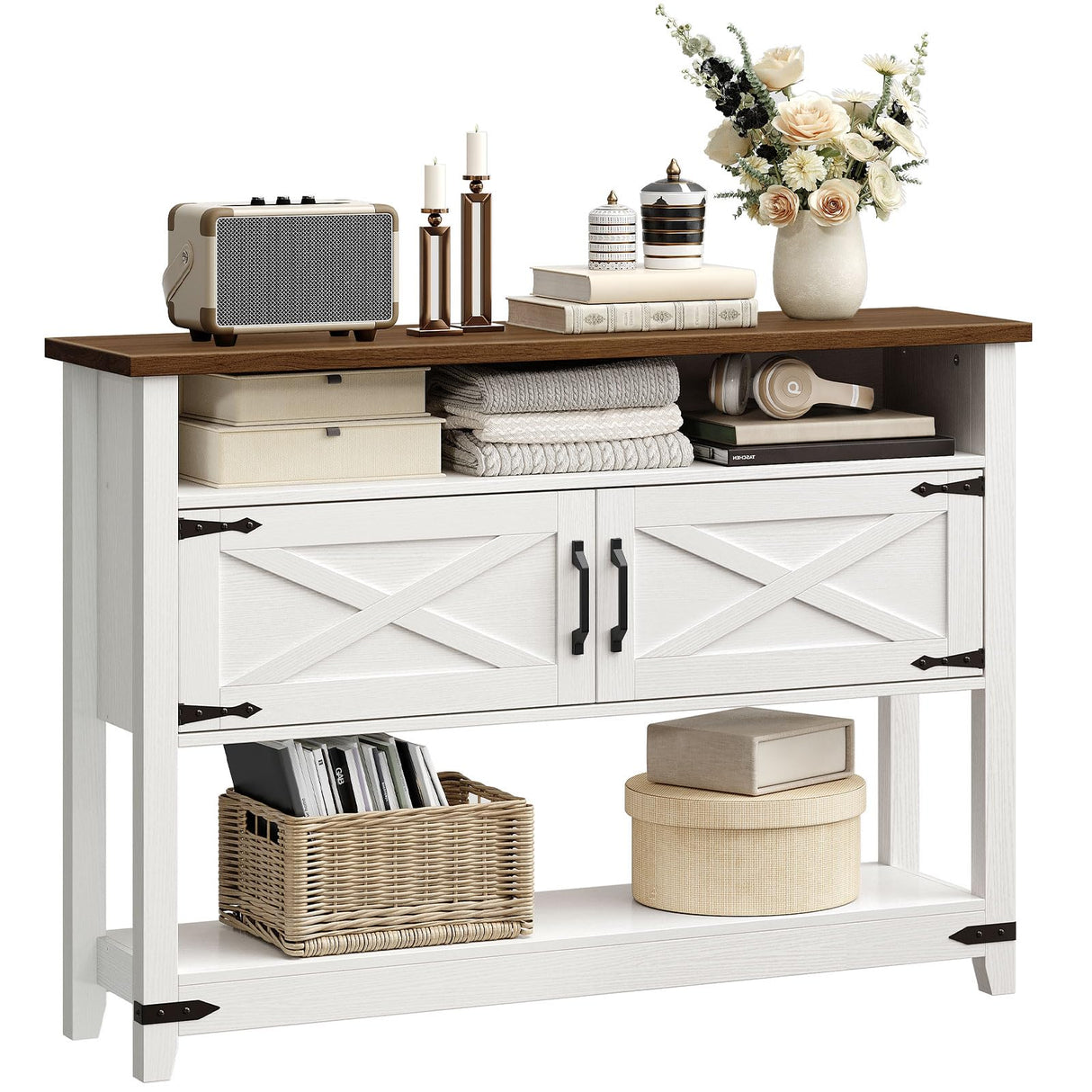 HOOBRO Farmhouse Entryway Table with Storage, 47.2" Long Console Table for Entryway, White Sofa Table with Doors and Cabinets, Narrow Sofa Table Behind Couch, for Hallway, Foyer, White and Walnut HOOBRO