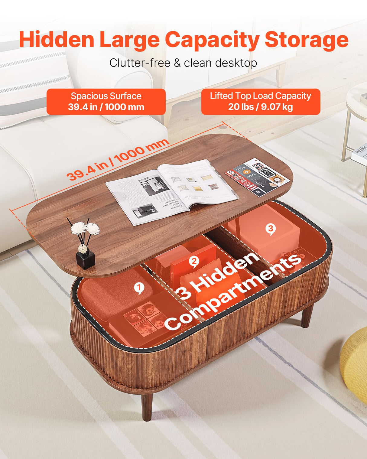 VEVOR Fluted Lift Top Coffee Table, Oval Walnut Coffee Table with 3 Hidden Compartment, Mid Century Modern Wood Center Table with Storage, Lift up Tabletop for Home Living Room Office, Easy Assembly VEVOR