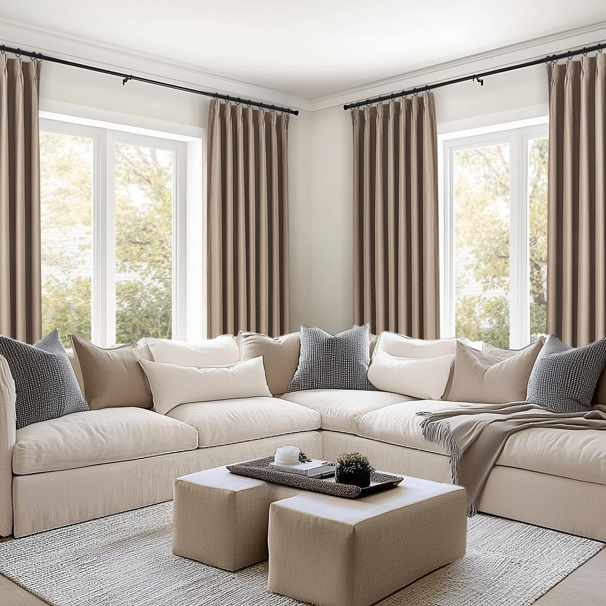 Topfinel Extra Long Total Blackout Linen Curtains 120 Inches Long for Living Room Large Window with Hooks Rings, Pinch Pleated Cold Blocking Acoustic Heavy Taupe Track Curtains 2 Panels 10 FT Topfinel
