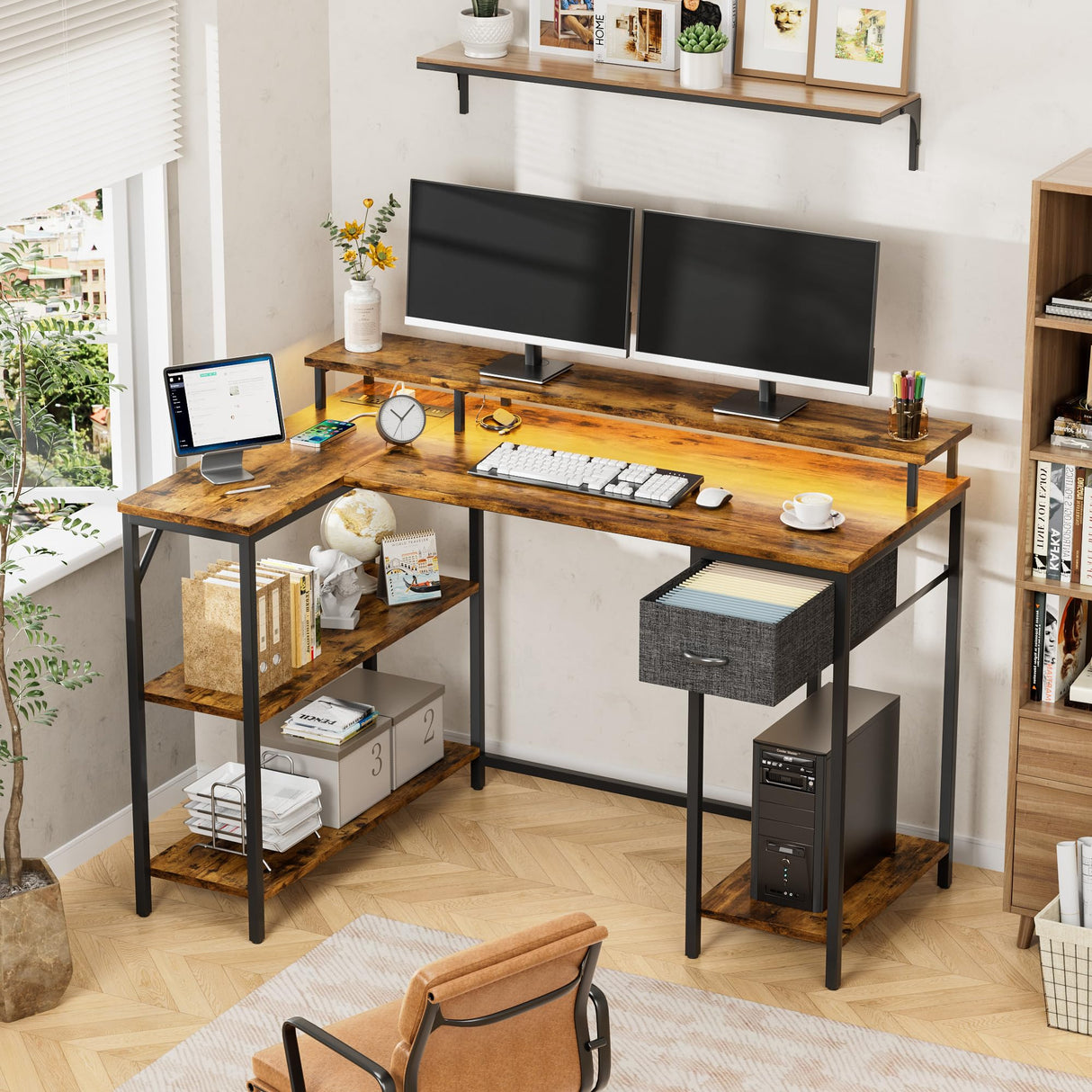 Homall L Shaped Gaming Desk with LED Lights&Power Outlets, 47'' Reversible Computer Corner Table with Shelves&Monitor Stand, Home Office(Rustic Brown) Homall