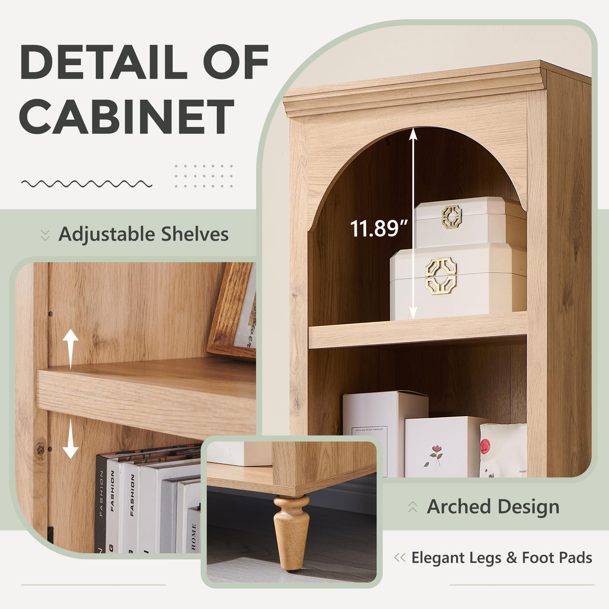 IFGET 76" Tall Arched Bookcase, Farmhouse 5 Tiers Narrow Arched Bookshelf Cabinet with Adjustable Shelves, Modern Wooden Book Shelf w/Storage and Open Display Shelves for Living Room, Office-Natural IFGET