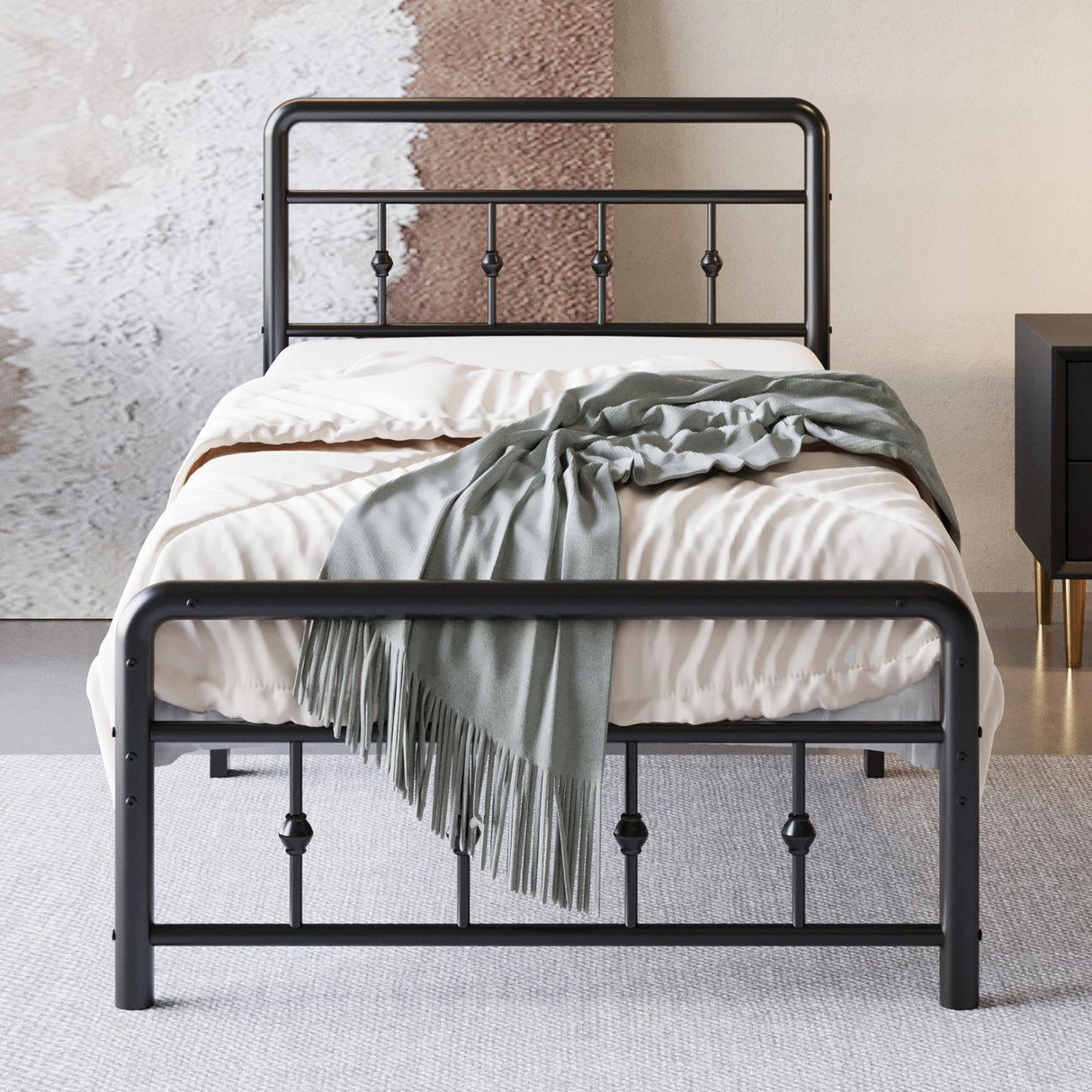 Lutown-Teen 12 Inch Twin Bed Frames with Victorian Vintage Headboard and Footboard, No Box Spring Needed, Heavy Duty Metal Mattress Foundation, Noise Free, Easy Assembly, Black Lutown-Teen