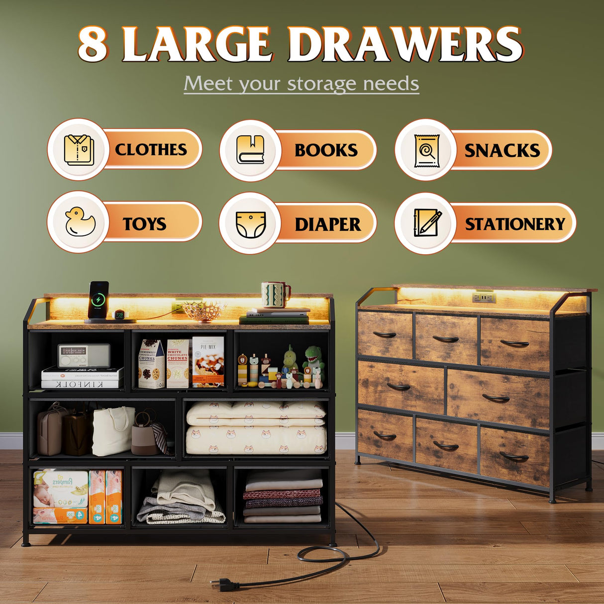 WLIVE Led Dresser for Bedroom, TV Stand for Bedroom with LED Lights and Power Outlet, Wide Chest of Drawers for Hallway, 8 Fabric Drawers for Living Room and Entryway, Rustic Brown WLIVE