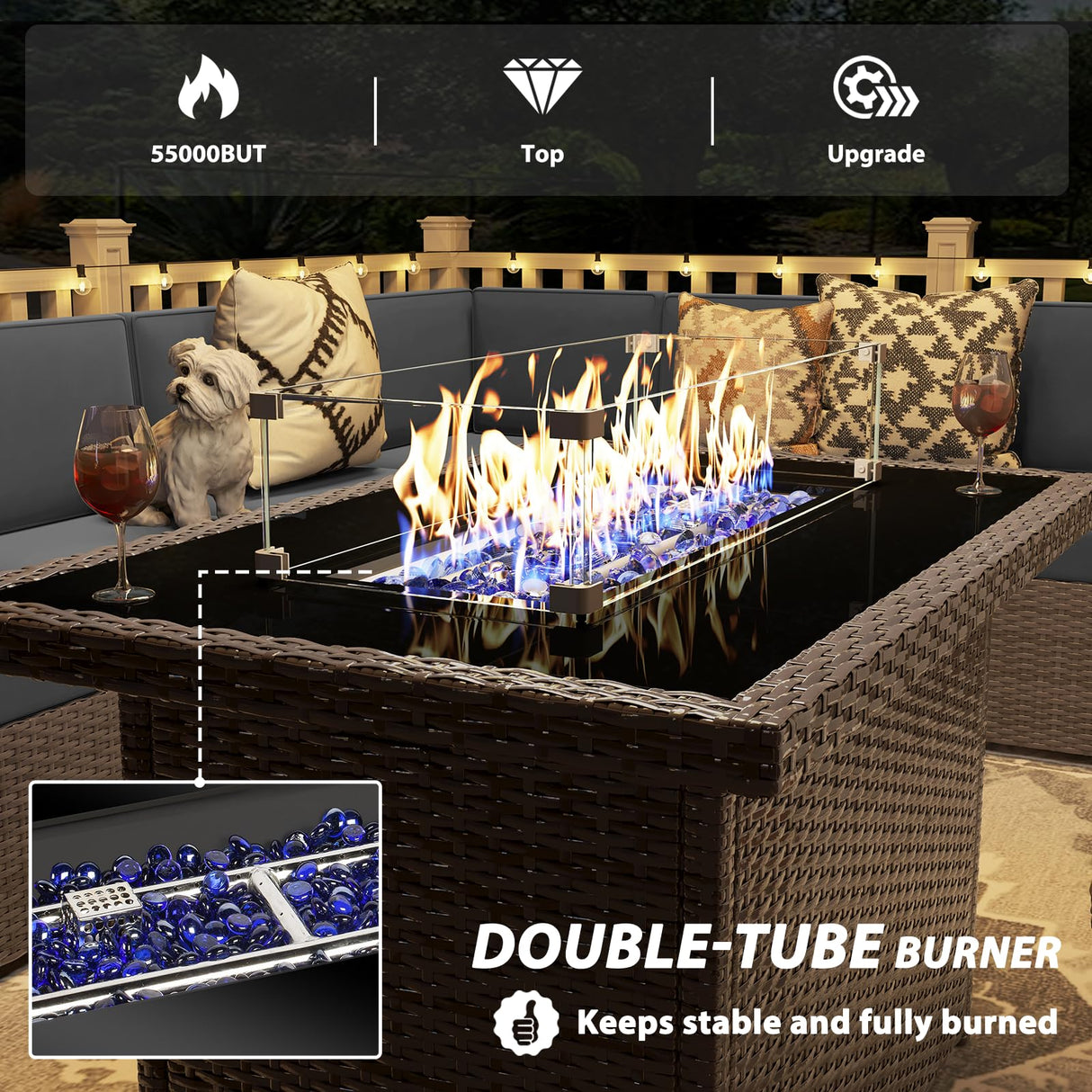 Vakollia 8 Pieces Patio Furniture Set with 44" Propane Gas Fire Pit Table, Outdoor Sectional Brown Rattan Wicker Conversation Sofa Sets with Coffee Table Vakollia