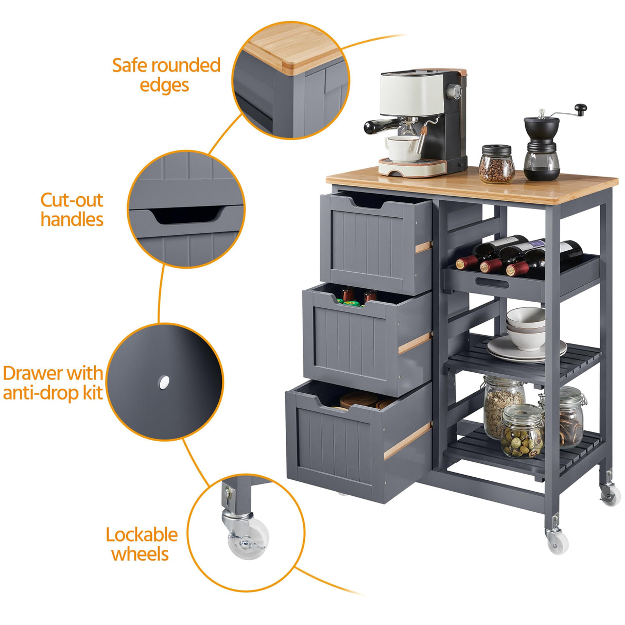 Yaheetech Kitchen Island Cart on Wheels with Storage, Rolling Bar Cart with Solid Wood Top and 3 Drawers, 3 Removable Shelves, Serving Utility Carts for Dining Room/Small Kitchen, Dark Gray Yaheetech