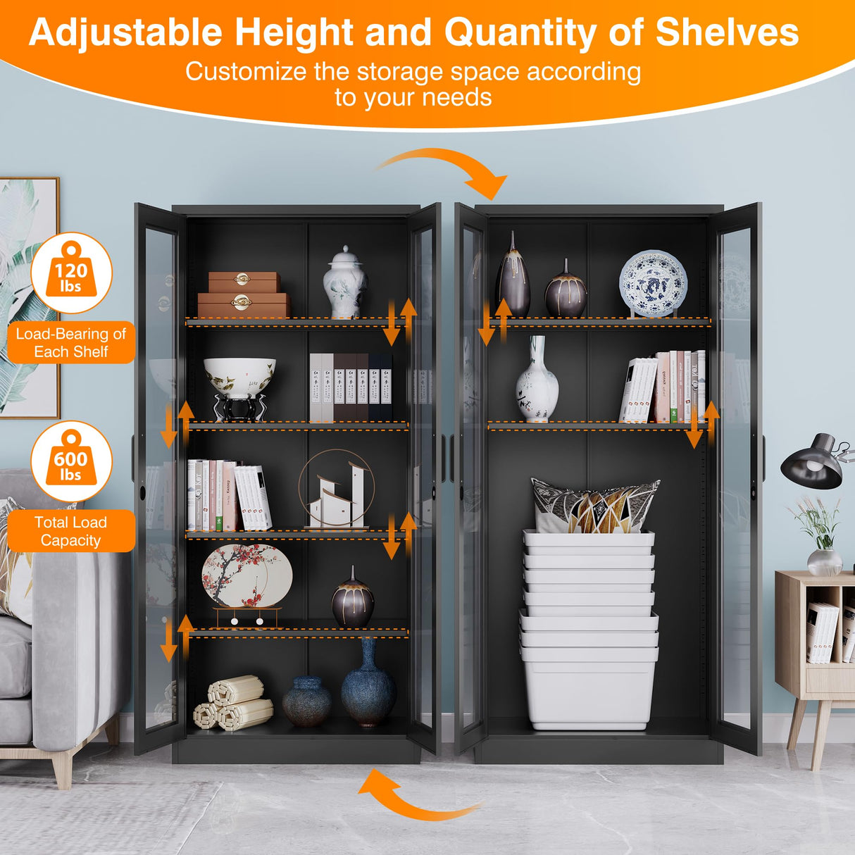 LISSIMO Glass Display Cabinet with 4 Adjustable Shelves, 71" Tall Curio Cabine with Tempered Glass Door, Liquor Cabinet with Lock, 5-Tier Bookcase Storage Cabinet for Home, Study, Living Room (Black) LISSIMO