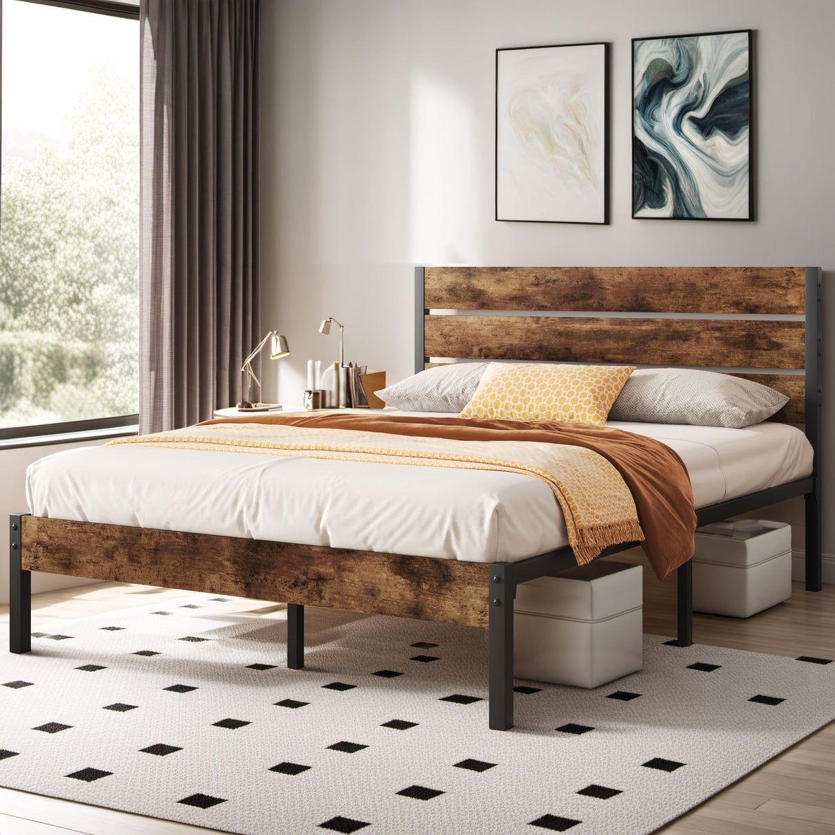 Lifezone Vintage Brown Queen Metal Bed Frame with Headboard, Footboard, and Under-Bed Storage Lifezone