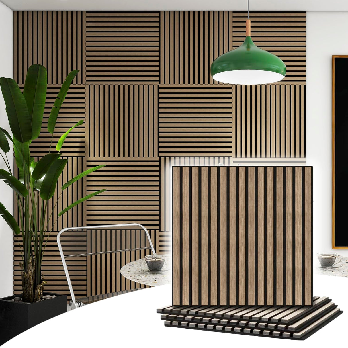 TRAIN2 ART 4 Pcs Wood Slat Acoustic Panels, 3D Fluted Wood Panel Sound Absorbing Panel for Wall and Ceiling, Decorative Sound Proof Panels Easy Installation (Walnut, 4pcs - 23.6 X 23.6 in) TRAIN2 ART