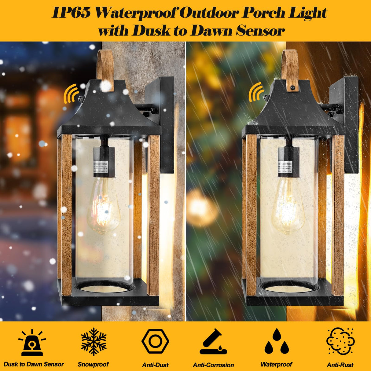 Roravilila Dusk to Dawn Outdoor Light Fixture Rustic Wood, 17โ Large Outside Light for House Cylindrical Glass IP65 Waterproof Outdoor Lantern Scone Farmhouse Porch Light Exterior Wall Mounted Lamp Roravilila