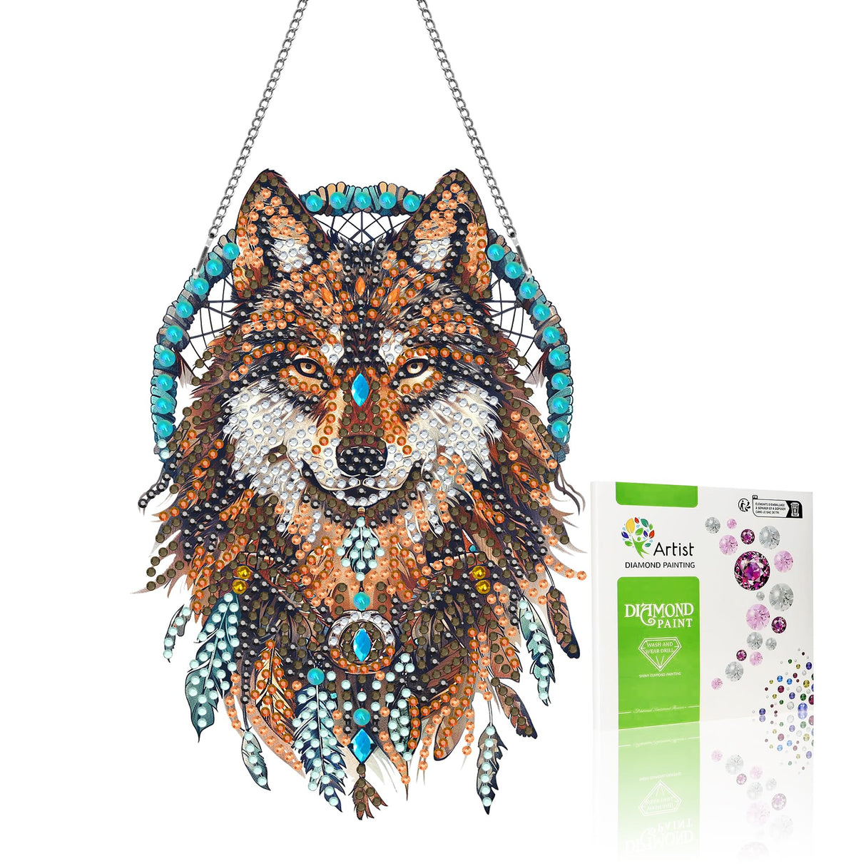 VAIIEYO Wolf Diamond Painting Hanging, Animal Diamond Painting Suncatchers Double Side Window Hanging Kit with Chain, 7.5x7.5 inch Crystal Pendant Art Craft for Gift Home Wall Front Door Decoration VAIIEYO