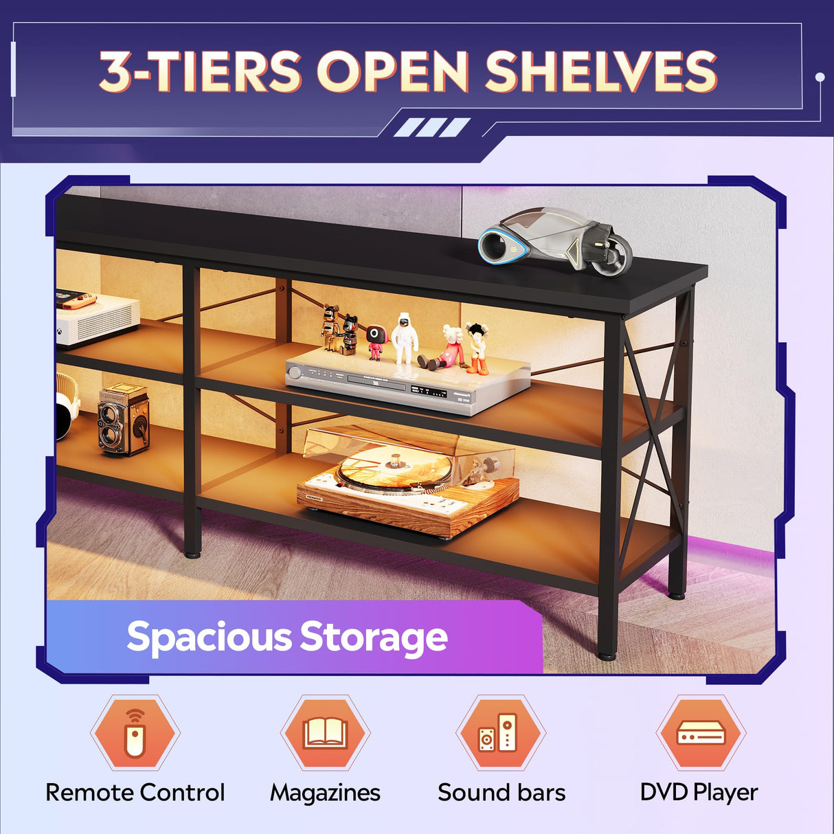 WLIVE TV Stand up to 70 Inch TV, 63" Entertainment Center with LED, TV Media Console with 3-Tier Storage Shelves for Living Room and Bedroom, Black WLIVE