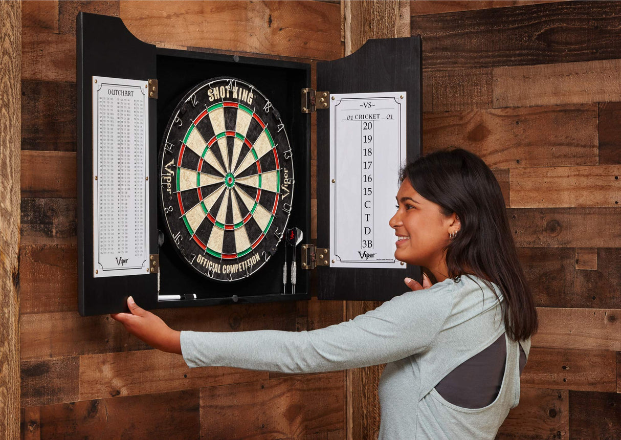 Viper by GLD Products Hudson Solid Wood Cabinet for Sisal/Bristle Steel Tip Dartboard with Dry Erase Scoreboard and Out-Chart, Black Finish Viper