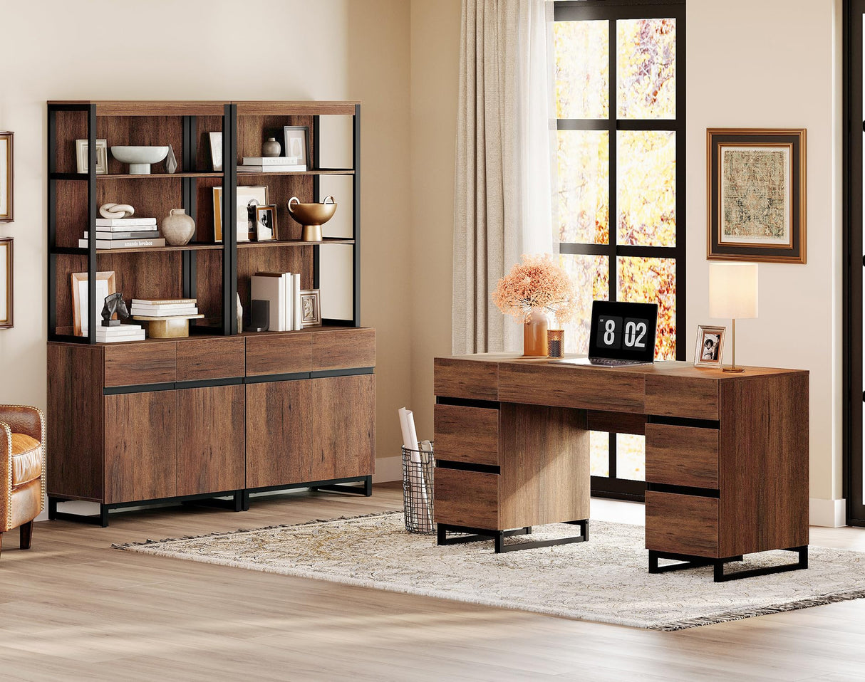 WAMPAT 3 Tier Bookshelf with Storage Cabinets, 72" Tall Bookcase with Adjustable Shelf, Large Modern Display Book Case Shelf with Door, Library Wood Bookshelves for Home Office, Living Room, Brown WAMPAT