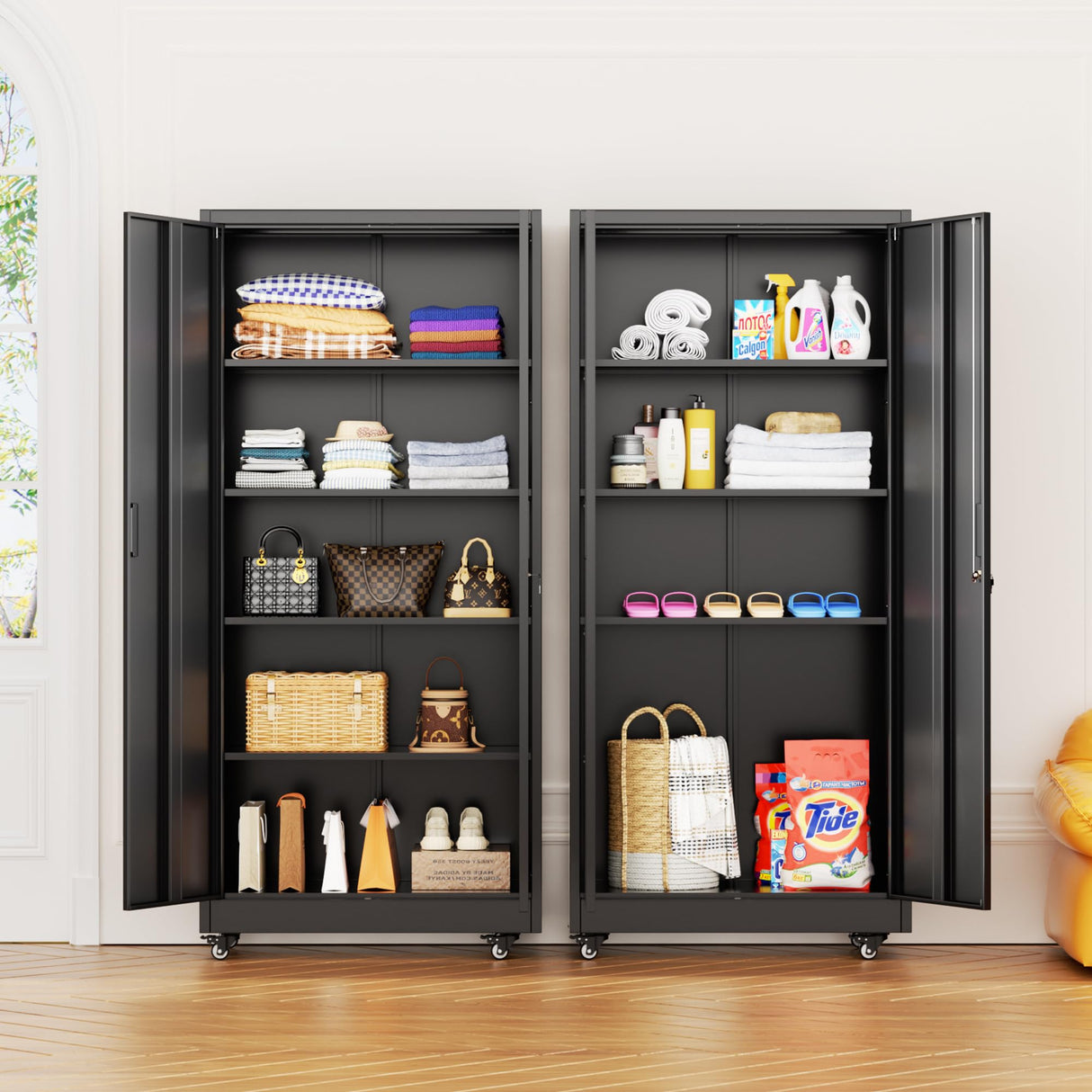 INTERGREAT Metal Storage Cabinet with Wheels, 73" Rolling Storage Cabinets with Door and 4 Shelves, Tall Storage Cabinets Locker on Caster for Home, Office(Black) INTERGREAT