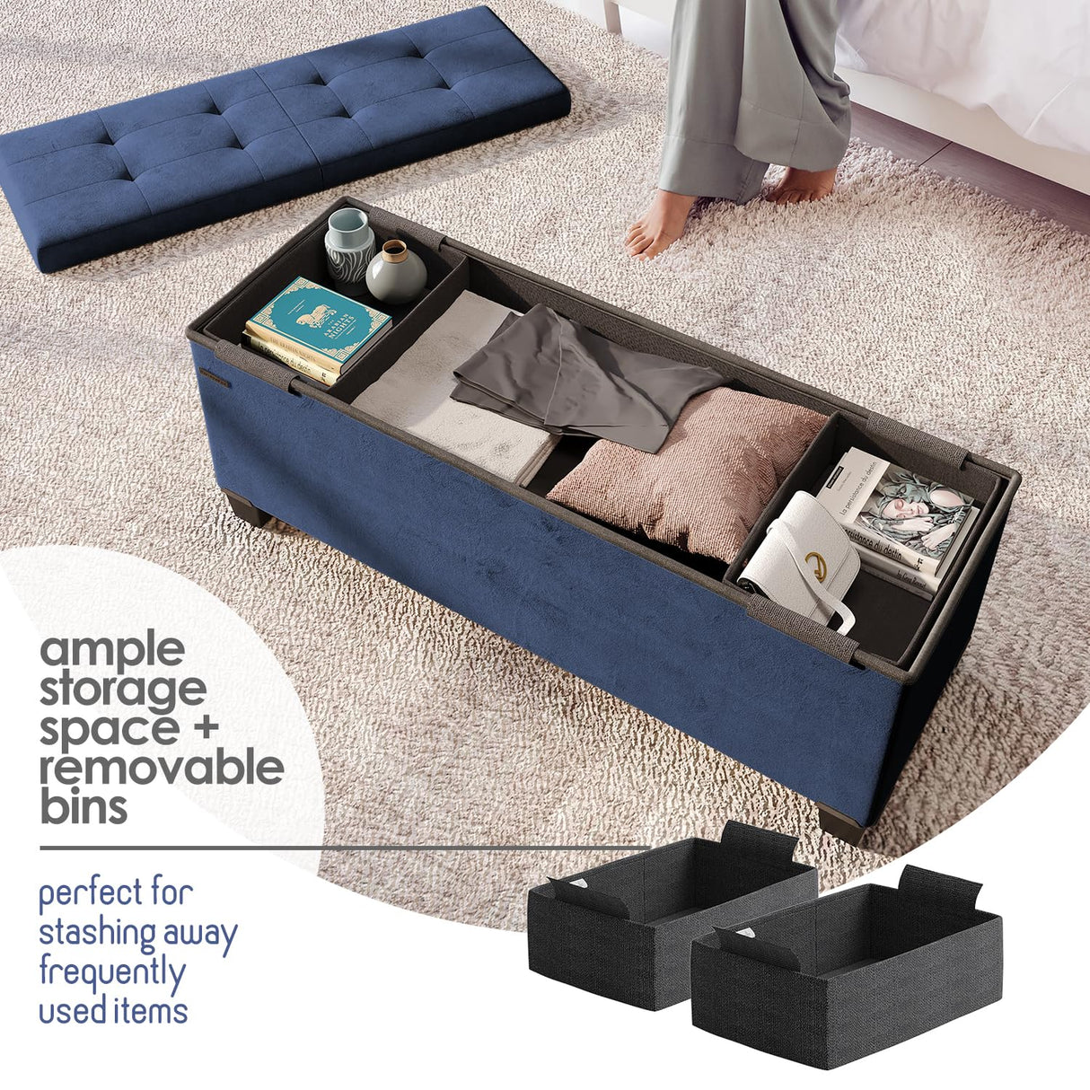 STORAGEBUD Storage Ottoman Bench with Bins, 43-in Storage Bench for Bedroom End of Bed, Folding Foot Rest Ottoman for Living Room Max 660lbs, Velvet Ottomans, Blue STORAGEBUD