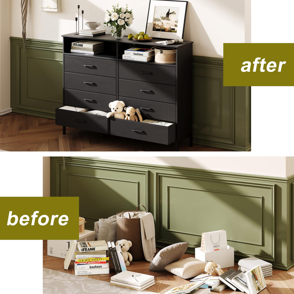 Dresser for Bedroom Black Bedroom Dresser with LED Lights and Charging Station, 8 Long Fabric Drawers Dresser, Tall Wide Chest of Drawers Storage Organizer TV Stand for up to 60" TV for Living Room SOOWERY