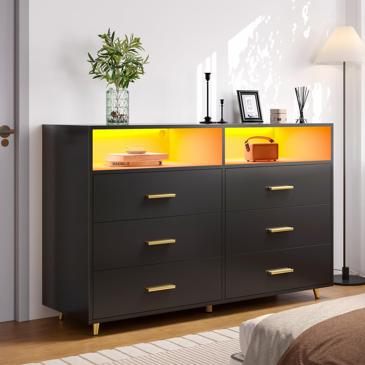 EnHomee Black Dresser for Bedroom with 6 Drawers and Shelves,Modern Wood Dresser with LED Lights,Large TV Stand,Hallway,47.3" W x 39.4" H x 15.8" D,Black EnHomee