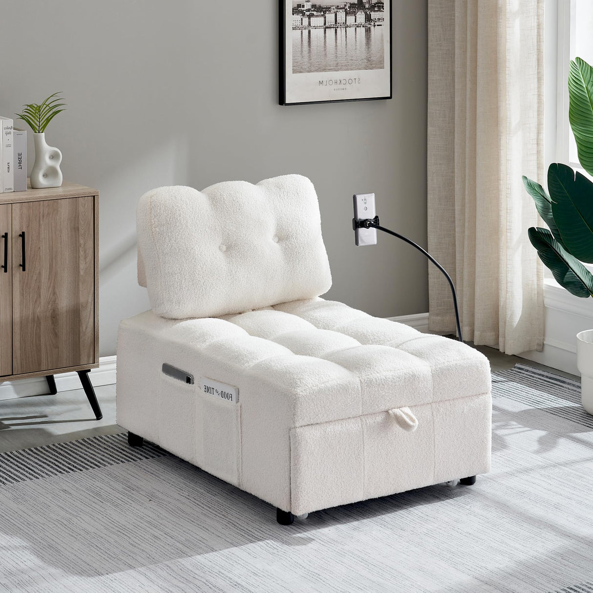 Anwick Modern 3 in 1 Teddy Fabric Sofa Bed Futon,Convertible Pull Out Bed Couches with Adjustable Backrests,Phone Stand,Single Sleeper Chair Bed for Small Living Room Bedroom (White) Anwick