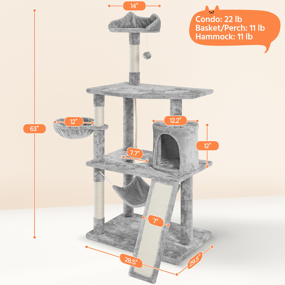 Yaheetech 63.5in Multi-Level Cat Tree Tower Condo with Scratching Posts, Platform & Hammock, Cat Activity Center Play Furniture for Kittens, Cats, and Pets Yaheetech