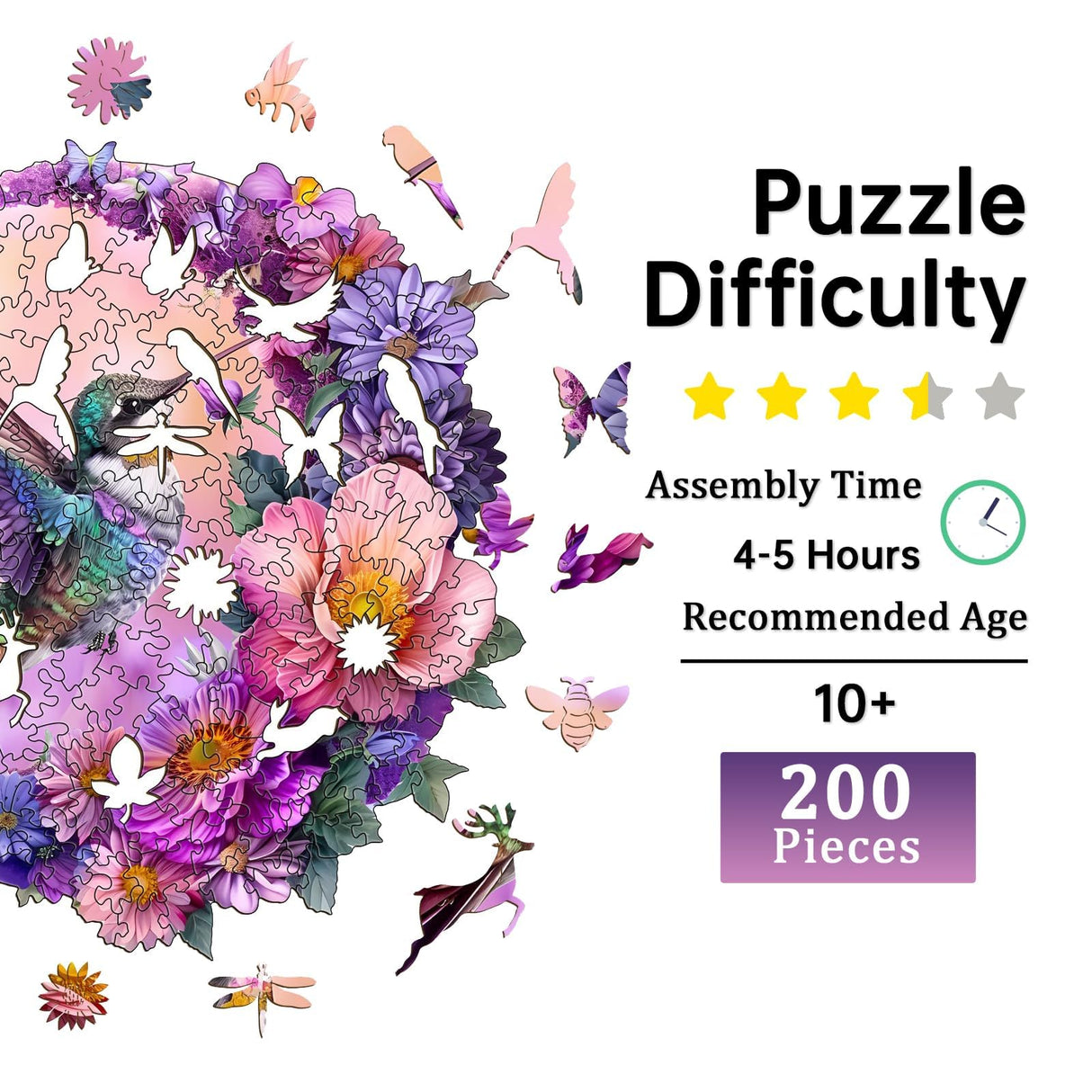 Jigfoxy Wooden Puzzles for Adults, Hummingbird Wood Puzzles Adult, Unique Animal Shape Wooden Jigsaw Puzzles for Adults, Birthday Gifts for Puzzle Lovers, Family, Friend (M-11.4 * 10.9in-200 pcs) Jigfoxy
