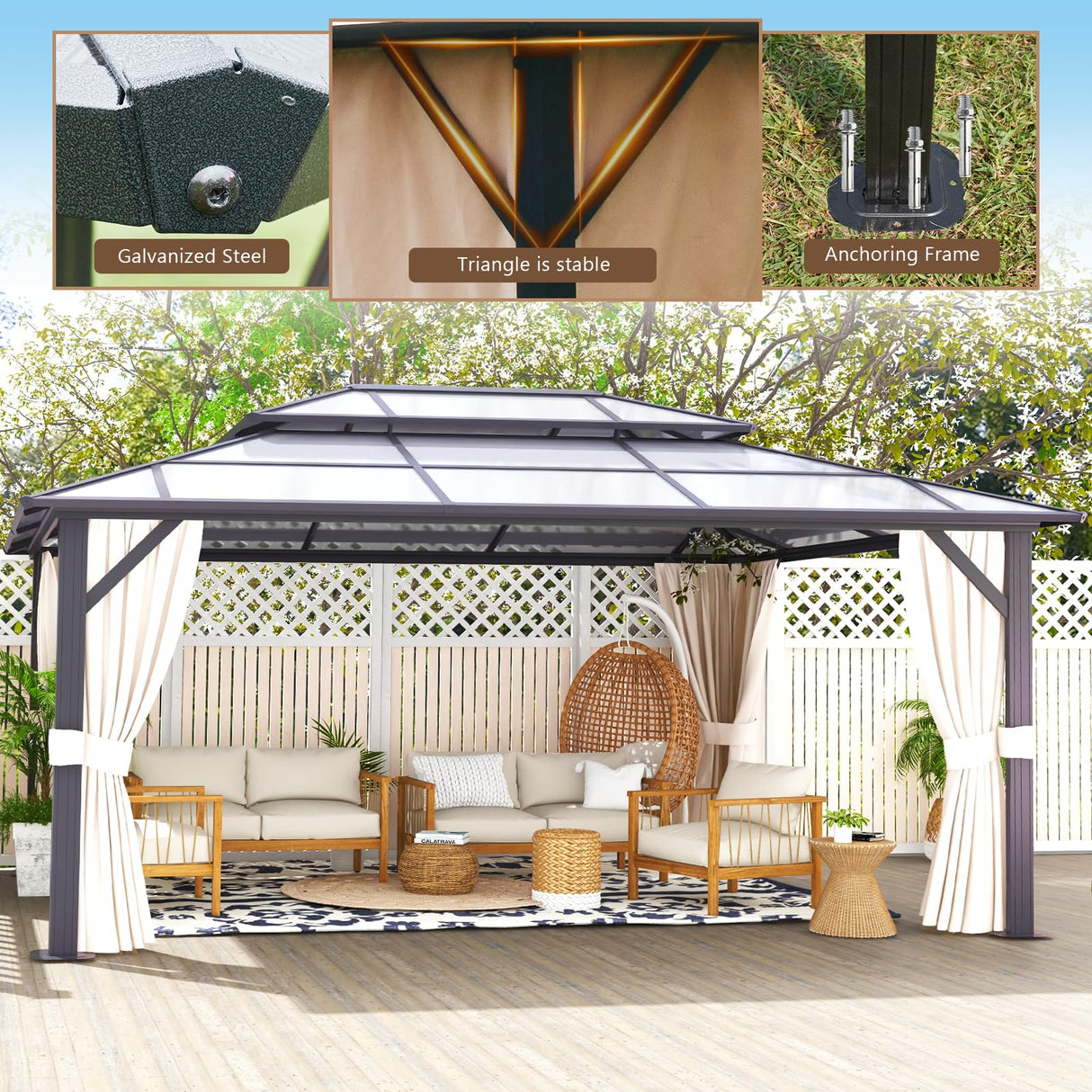 oneinmil 12x16FT Outdoor Polycarbonate Gazebo, Heavy Duty Double Roof Hardtop Gazebo with Aluminum Frame and Netting and Curtains for Patios oneinmil